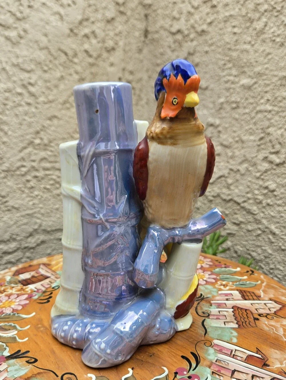 Vtg Japanese Lusterware Ceramic Parrot Bamboo Bud Vase Made in Japan Porcelain